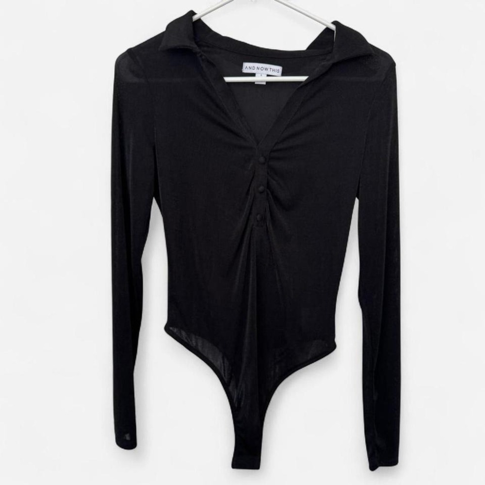 And Now This black collared v-neck long sleeve bodysuit